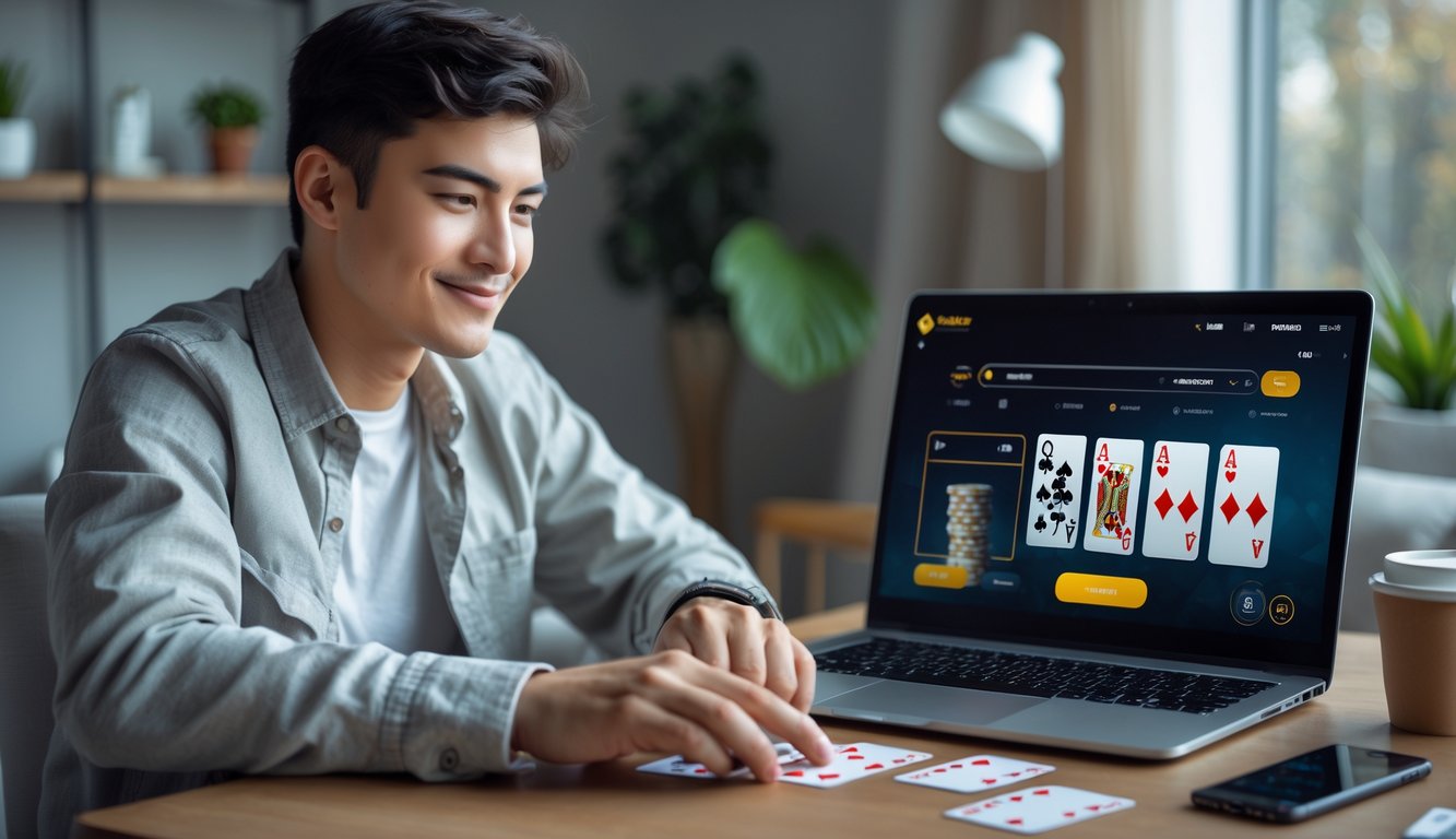 Seorang dewasa muda bermain poker online di laptop di rumah dengan ekspresi percaya diri dan suasana nyaman.