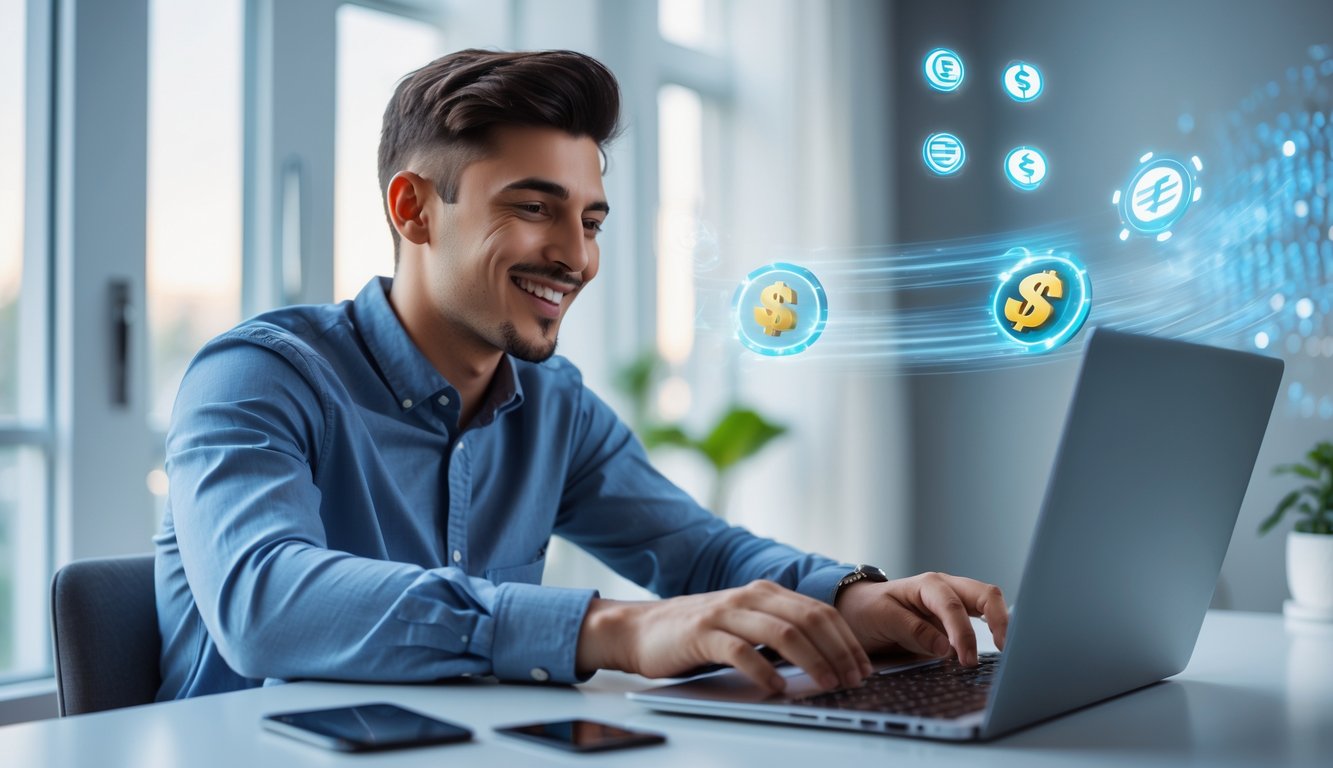 Seorang pria muda duduk di meja modern sambil bermain poker online di laptop dengan ekspresi senang dan fokus.