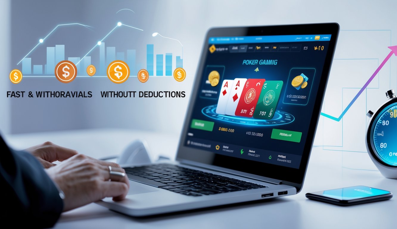 Seorang pemain poker online menggunakan laptop dengan tampilan permainan poker dan simbol uang digital di sekitar meja.