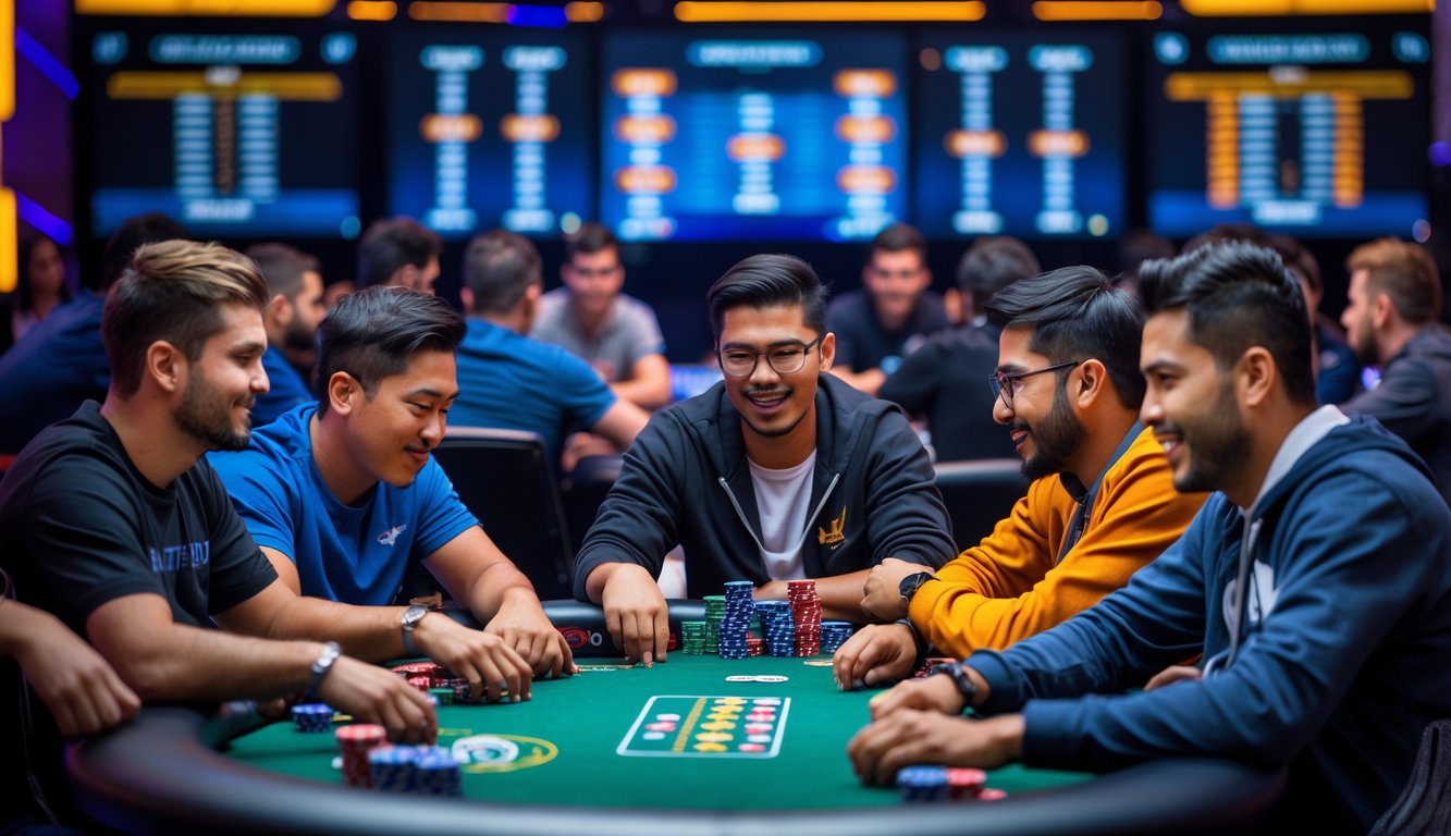 Beberapa orang bermain poker online di meja yang ramai dengan suasana turnamen besar