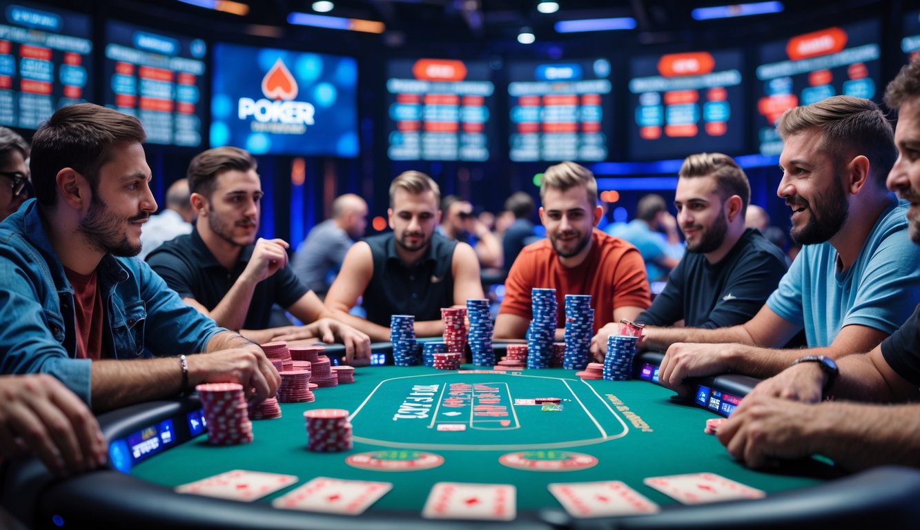 Beberapa orang sedang bermain poker online di meja yang ramai dengan suasana turnamen besar.