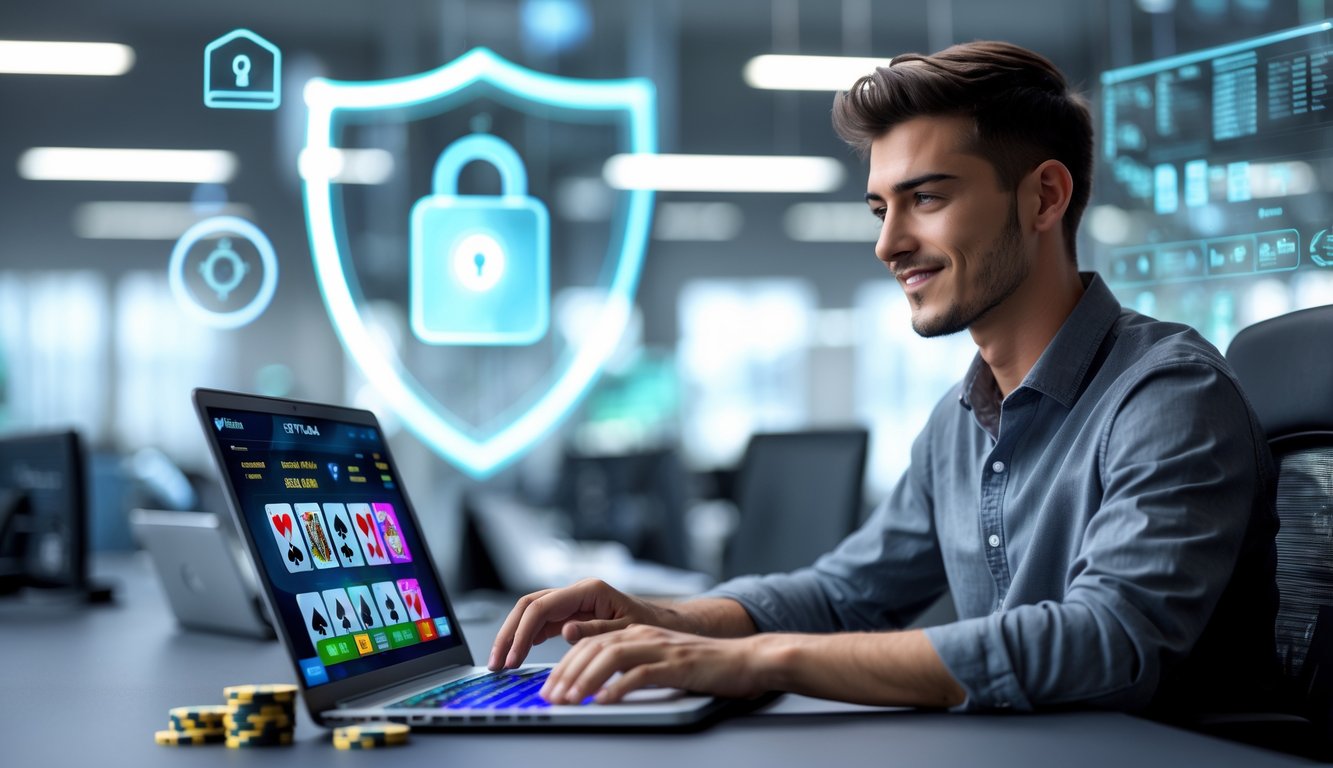 Seorang pria duduk di depan laptop dengan tampilan permainan poker online dan simbol keamanan di latar belakang.