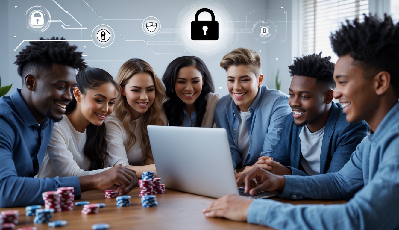 Sekelompok orang muda bermain poker online di depan laptop dengan ekspresi fokus dan senang di ruang kerja modern.