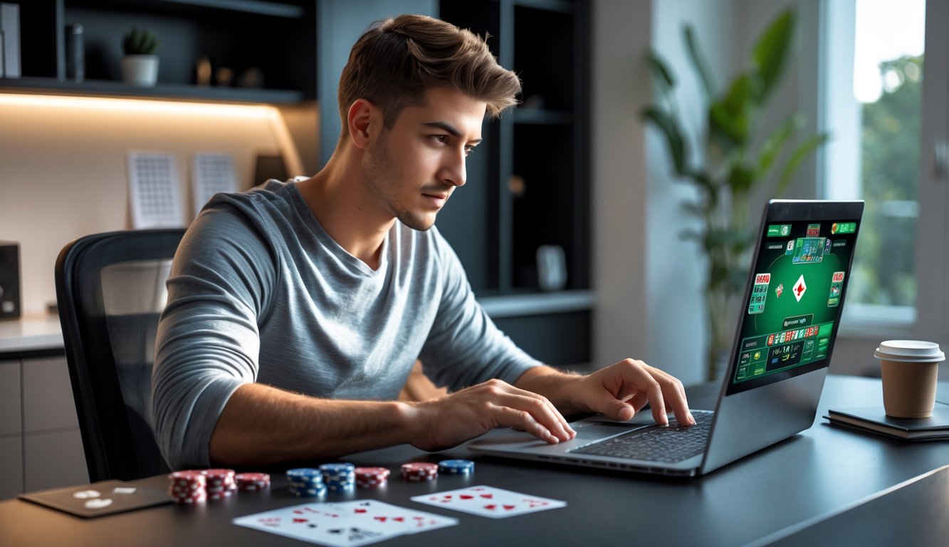 Seorang pria muda duduk di meja kerja dengan laptop yang menampilkan permainan poker online, di sekitarnya terdapat chip poker dan kartu remi.