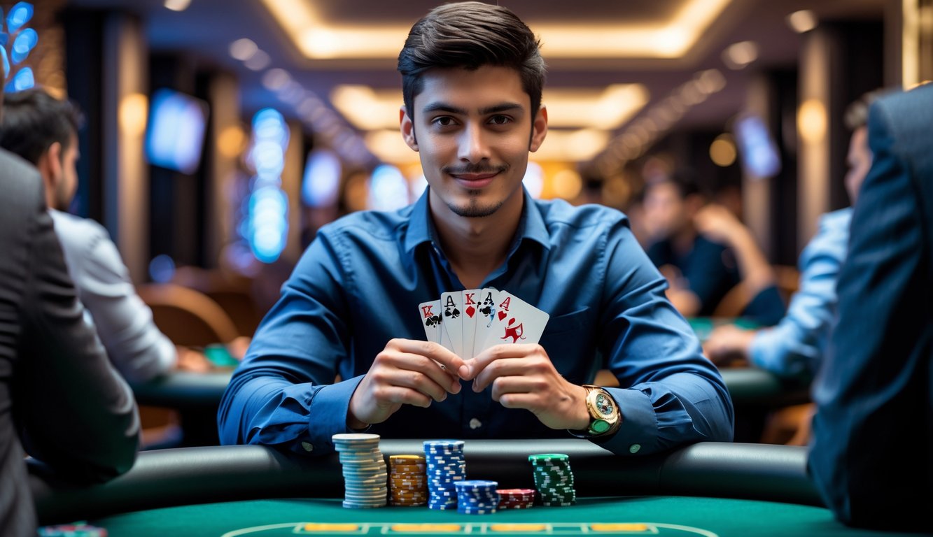 Seorang pria muda duduk di meja poker dengan kartu dan tumpukan chip, tampak fokus dan percaya diri di kasino.