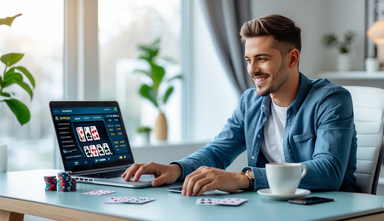 Seorang pria muda duduk di meja dengan laptop, kartu poker, dan chip poker di ruang kerja yang terang dan rapi.