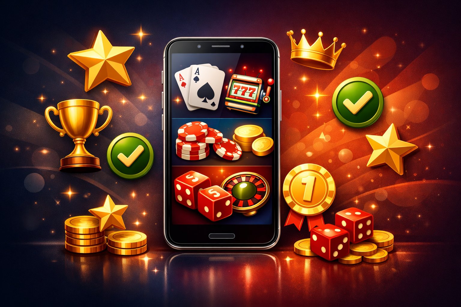 A Smartphone Showing A Colorful Casino App Interface With Playing Cards, Poker Chips, Slot Machines, And Ranking Symbols Like Stars And Trophies Around It.