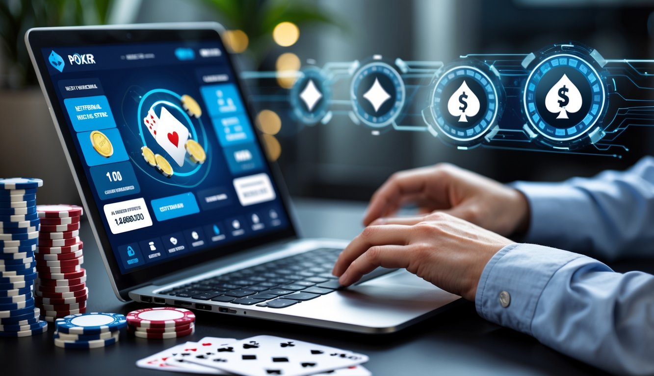 Seorang pemain sedang bermain poker online di laptop dengan tumpukan chip dan kartu poker di meja, menunjukkan suasana kemenangan dan keuntungan.