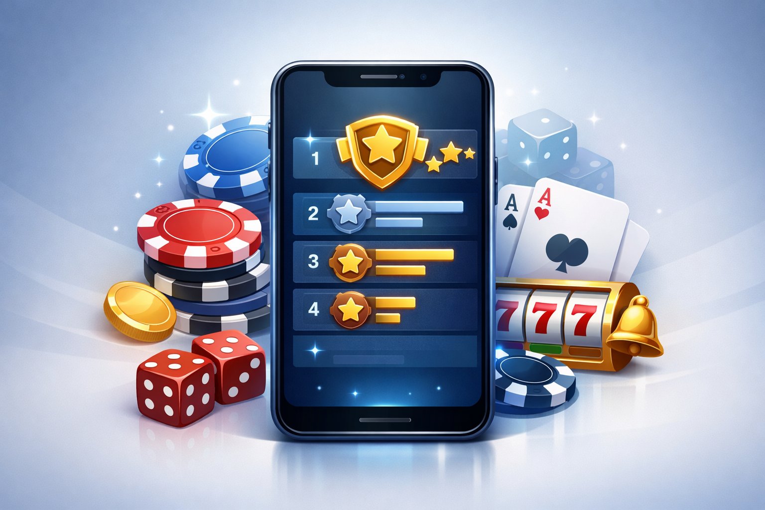 A Smartphone Displaying A Leaderboard With Gold Stars, Surrounded By Casino Icons Like Poker Chips, Cards, And Dice.
