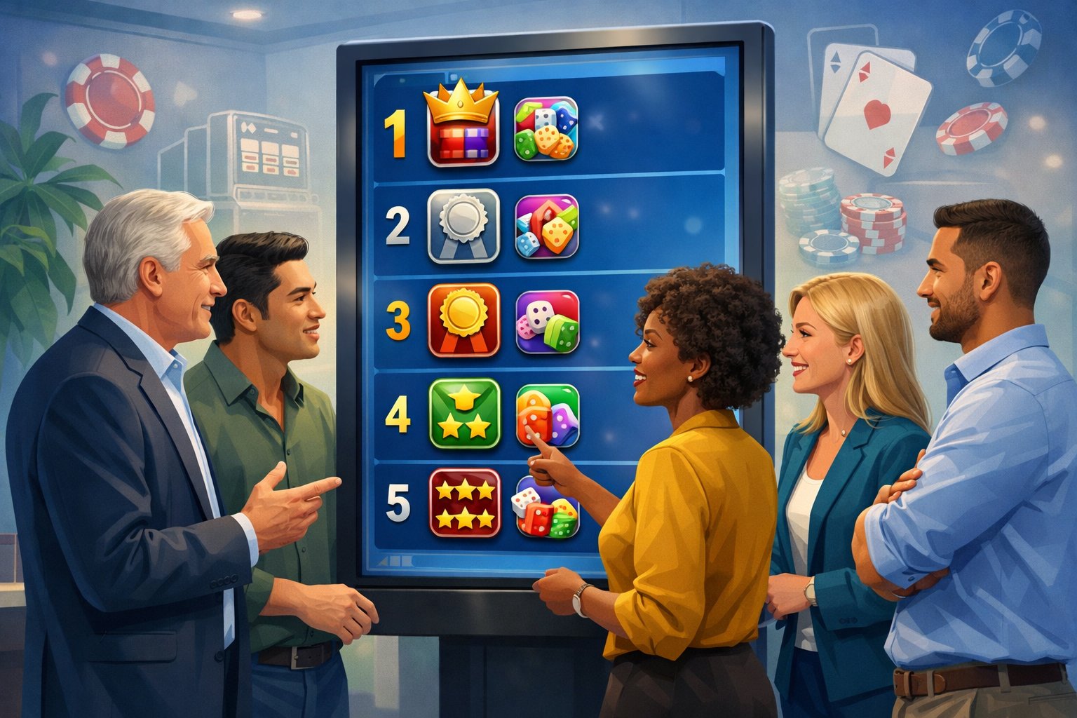 A Group Of Diverse People Gathered Around A Large Touchscreen Displaying A Ranked List Of Mobile Casino Apps In A Modern Office Setting.