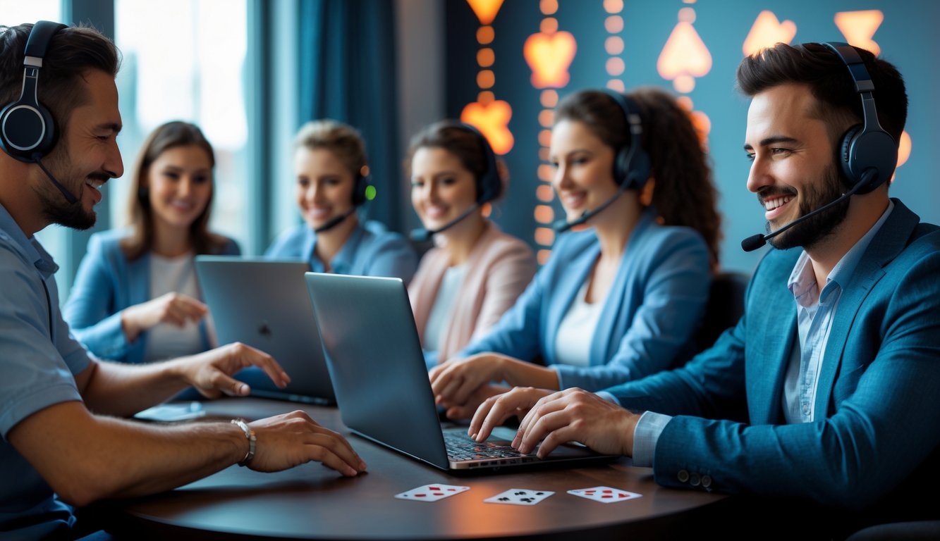 Orang-orang bermain poker online dengan suasana ramah dan seorang petugas dukungan pelanggan yang tersenyum mengenakan headset.