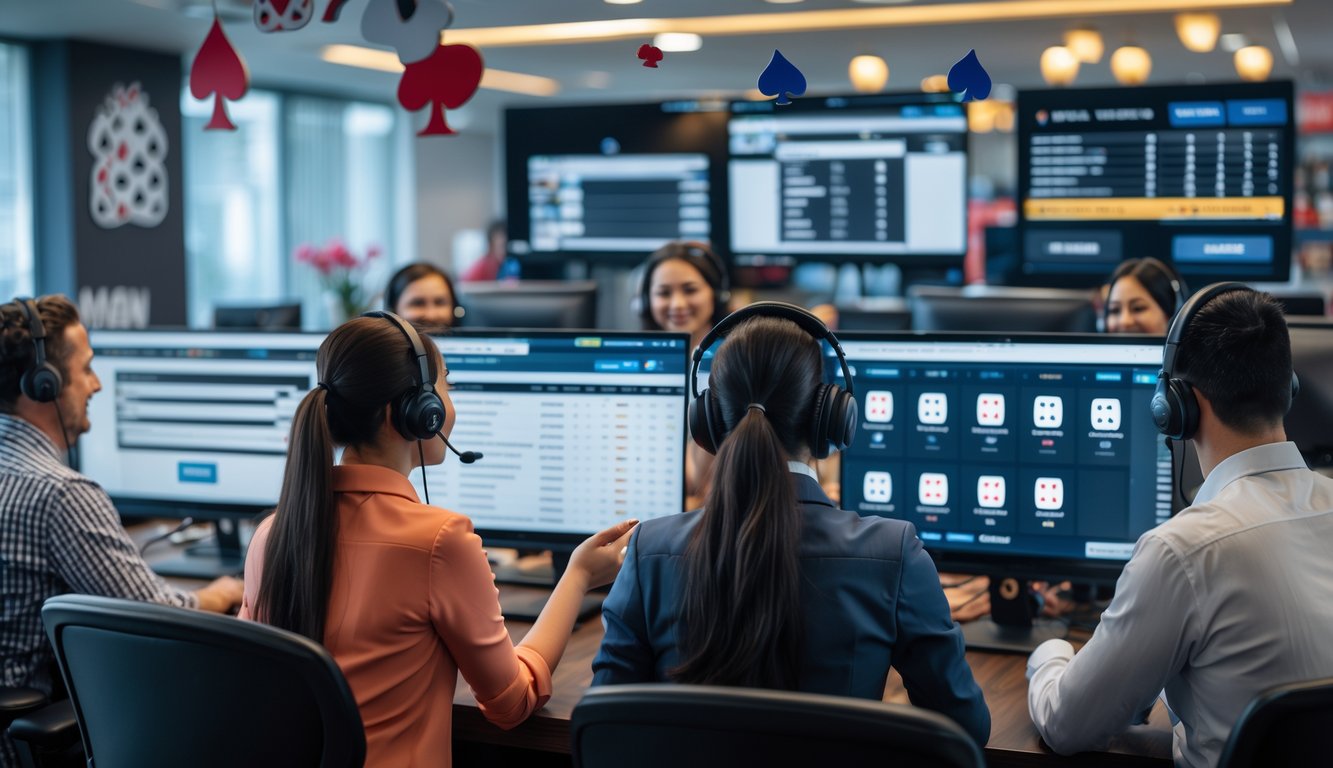 Tim layanan pelanggan yang ramah dan aktif di kantor modern dengan komputer dan layar yang menampilkan permainan poker online.