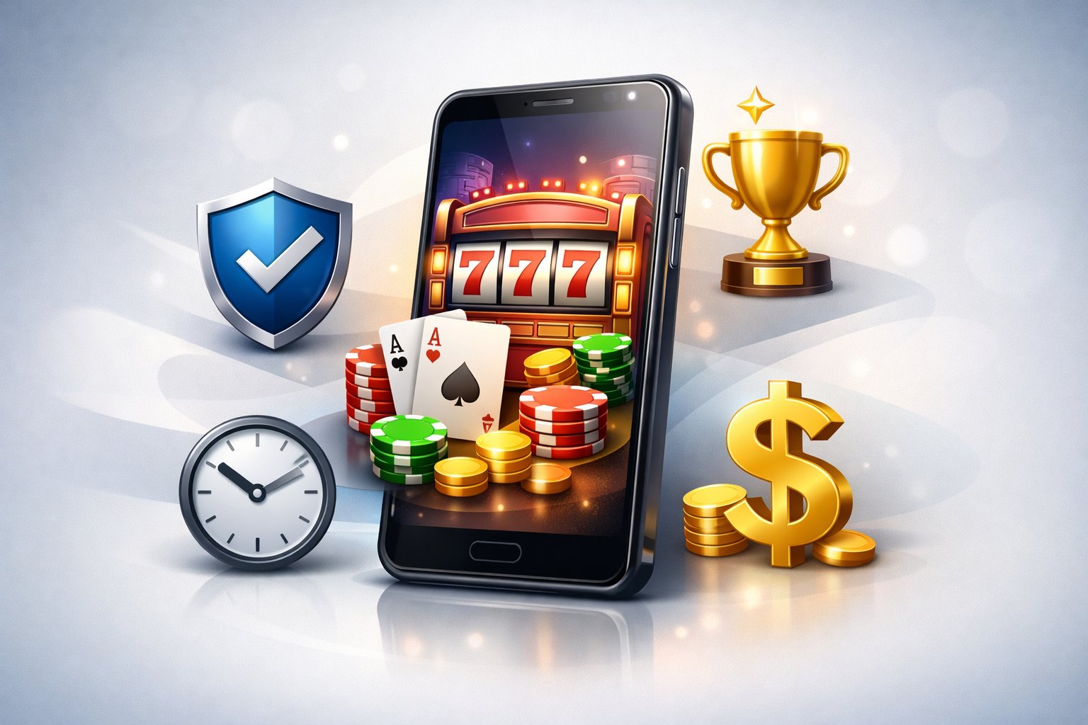 A Smartphone Showing A Colorful Casino Game Screen Surrounded By Icons Representing Security, Rewards, And Convenience.
