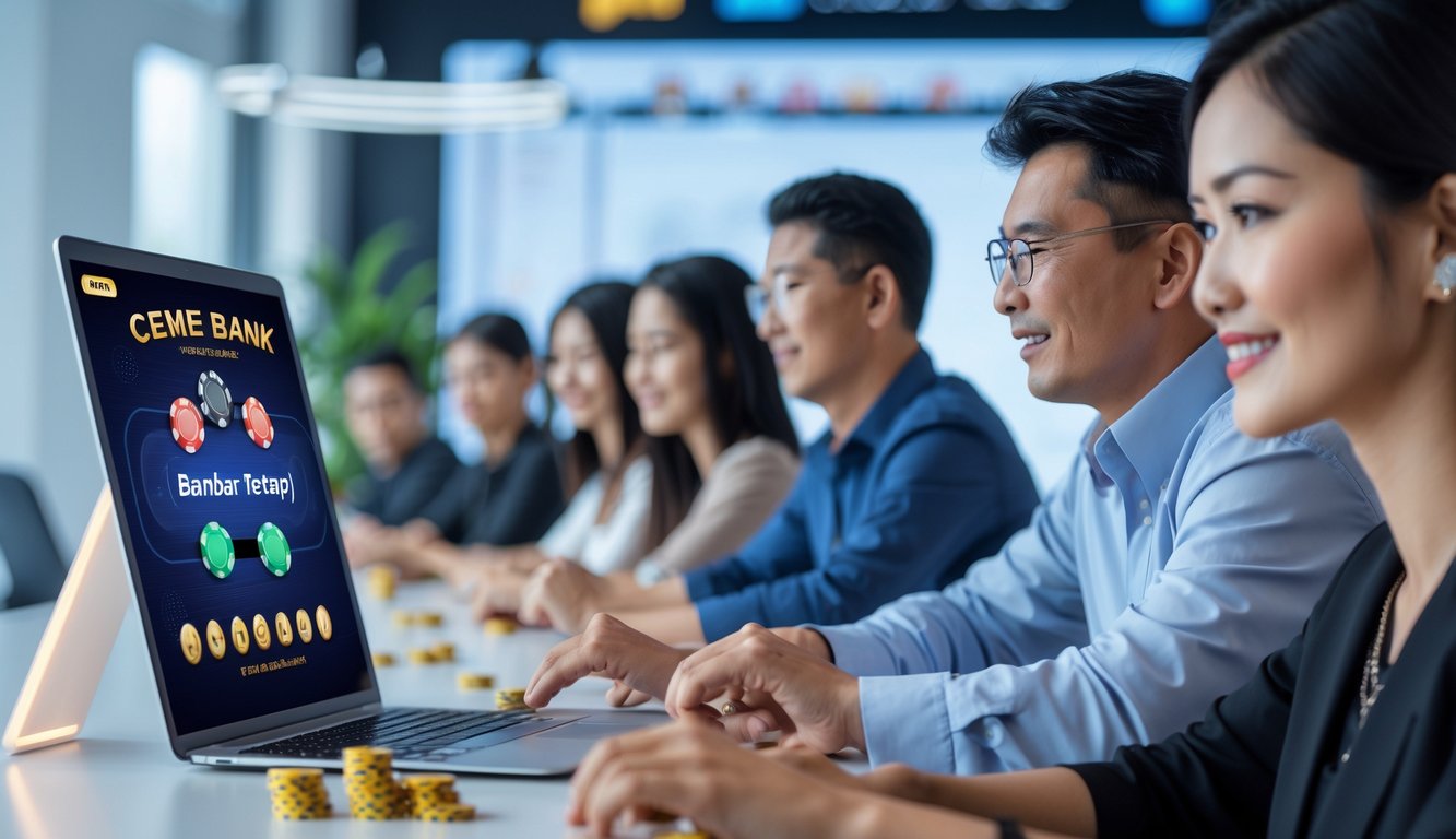 Beberapa orang dewasa sedang bermain permainan kartu online di laptop dengan suasana ruangan yang terang dan modern.