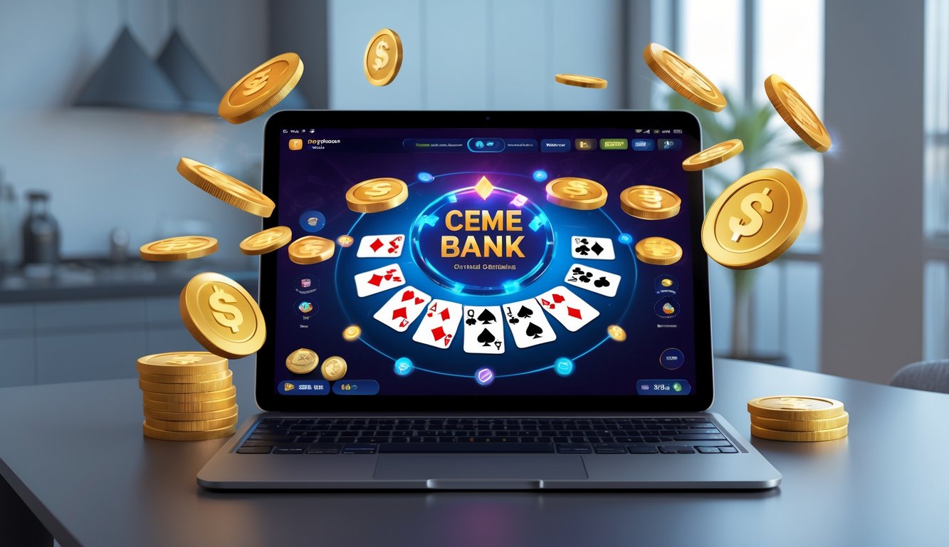 Seseorang bermain permainan kartu online di laptop dengan chip dan simbol uang digital di meja.