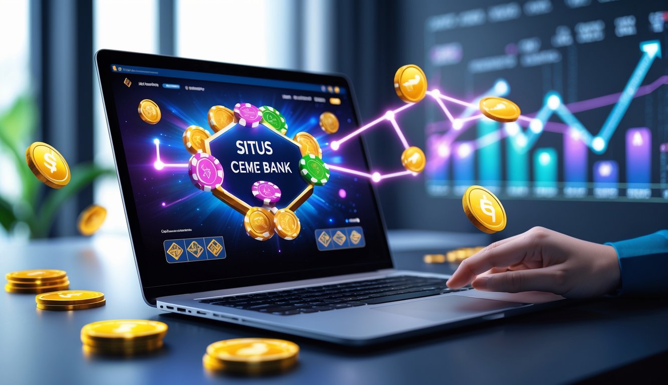 Seorang pengguna sedang bermain permainan kartu online di laptop dengan ikon koin digital dan suasana yang profesional.