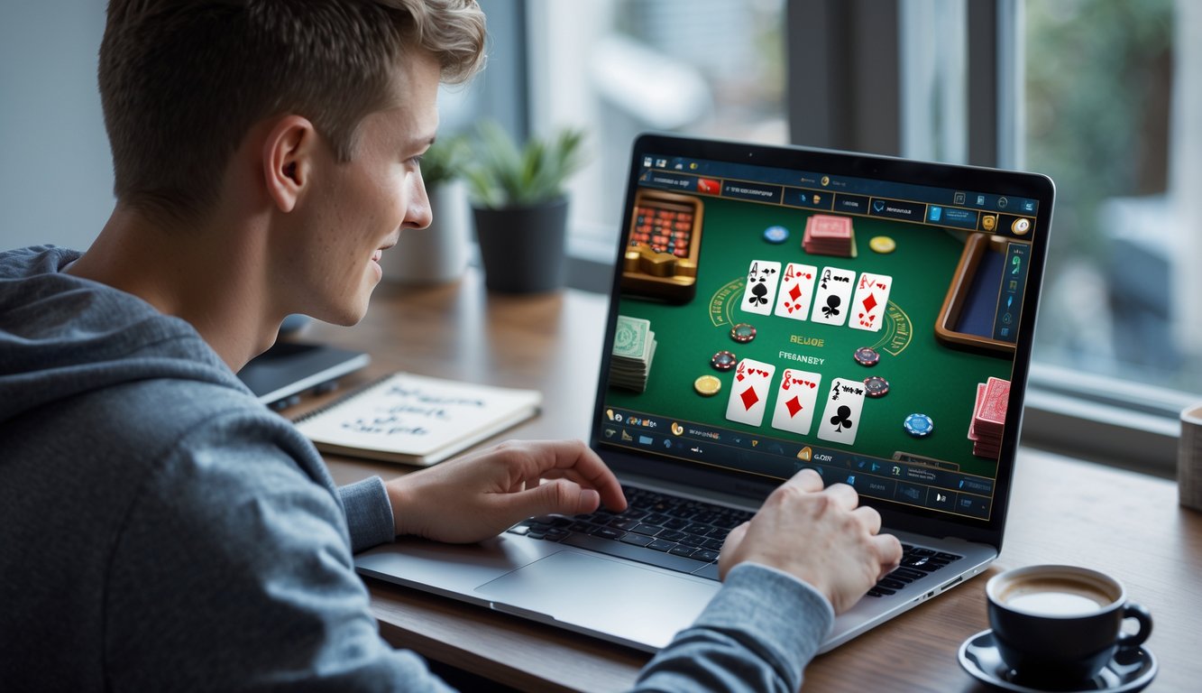 Seorang pria muda sedang bermain permainan kartu online di laptop di ruang kerja yang nyaman.