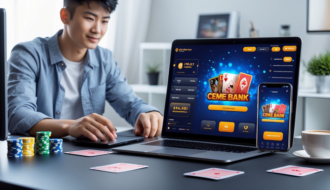 Seorang pria muda duduk di meja dengan laptop dan ponsel yang menampilkan permainan kartu online, di ruang kerja rumah yang terang dan rapi.