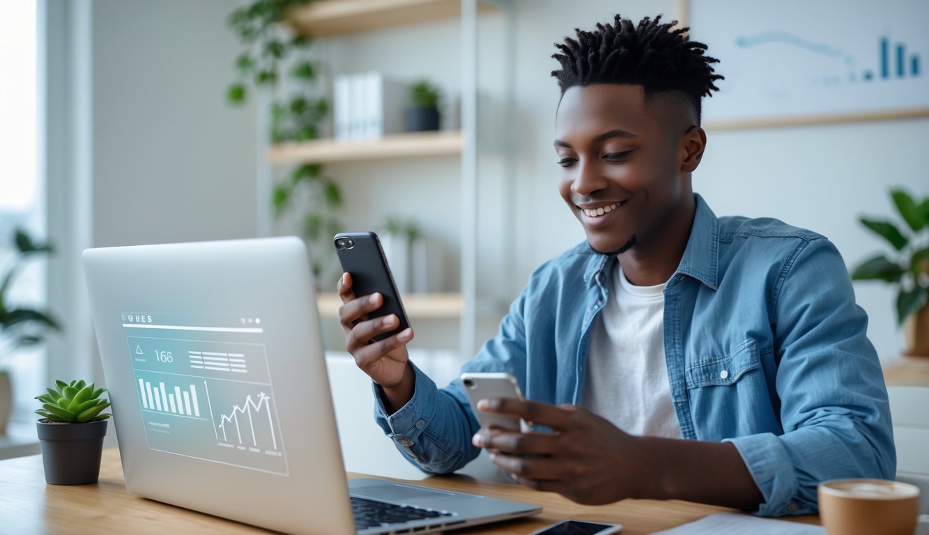 Seorang dewasa muda menggunakan laptop dan ponsel di ruang kerja rumah yang rapi, tersenyum sambil memeriksa data keuangan.