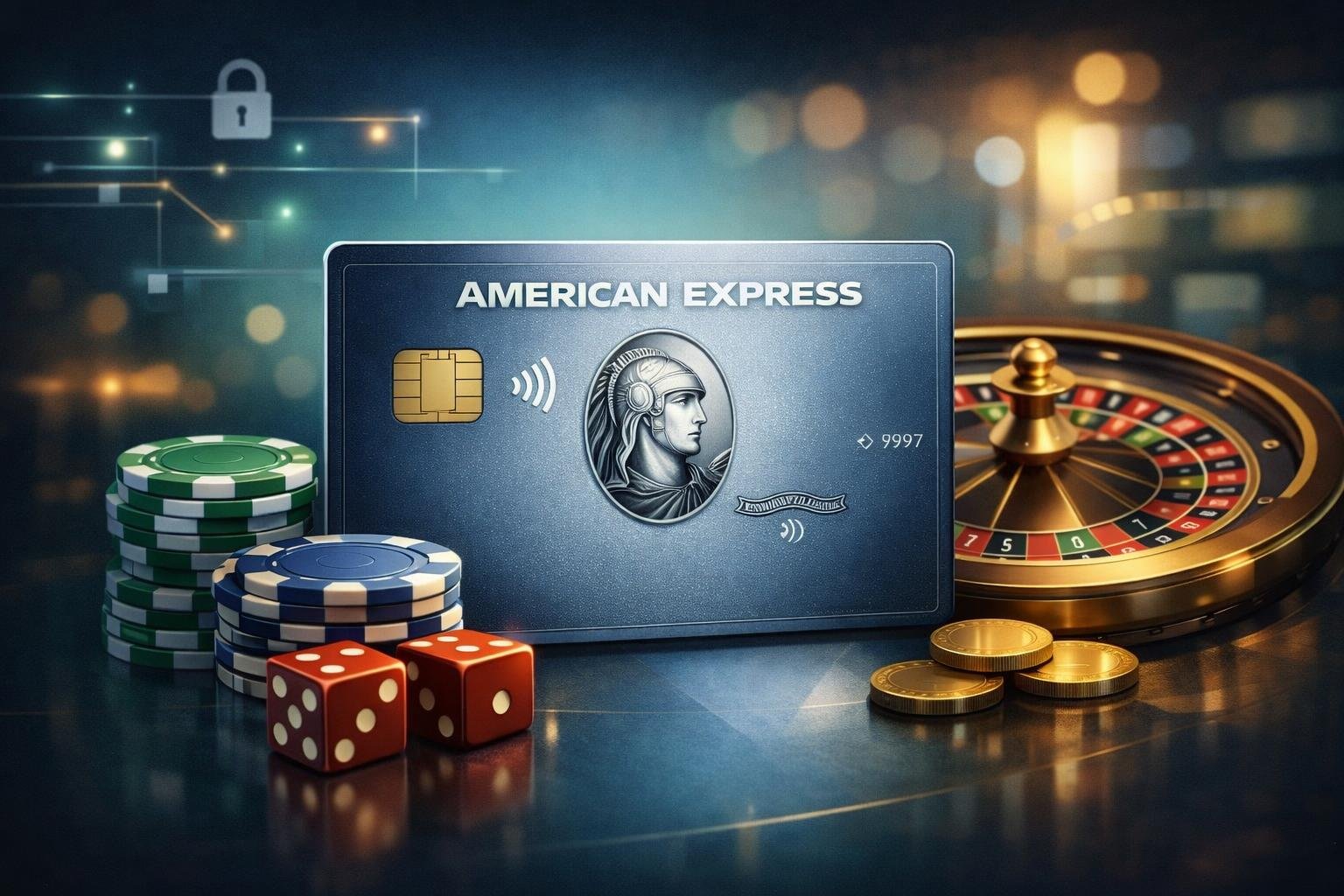 A Casino Scene Showing An American Express Credit Card With Poker Chips, Dice, And A Roulette Wheel Around It, Symbolizing Secure Casino Payments.