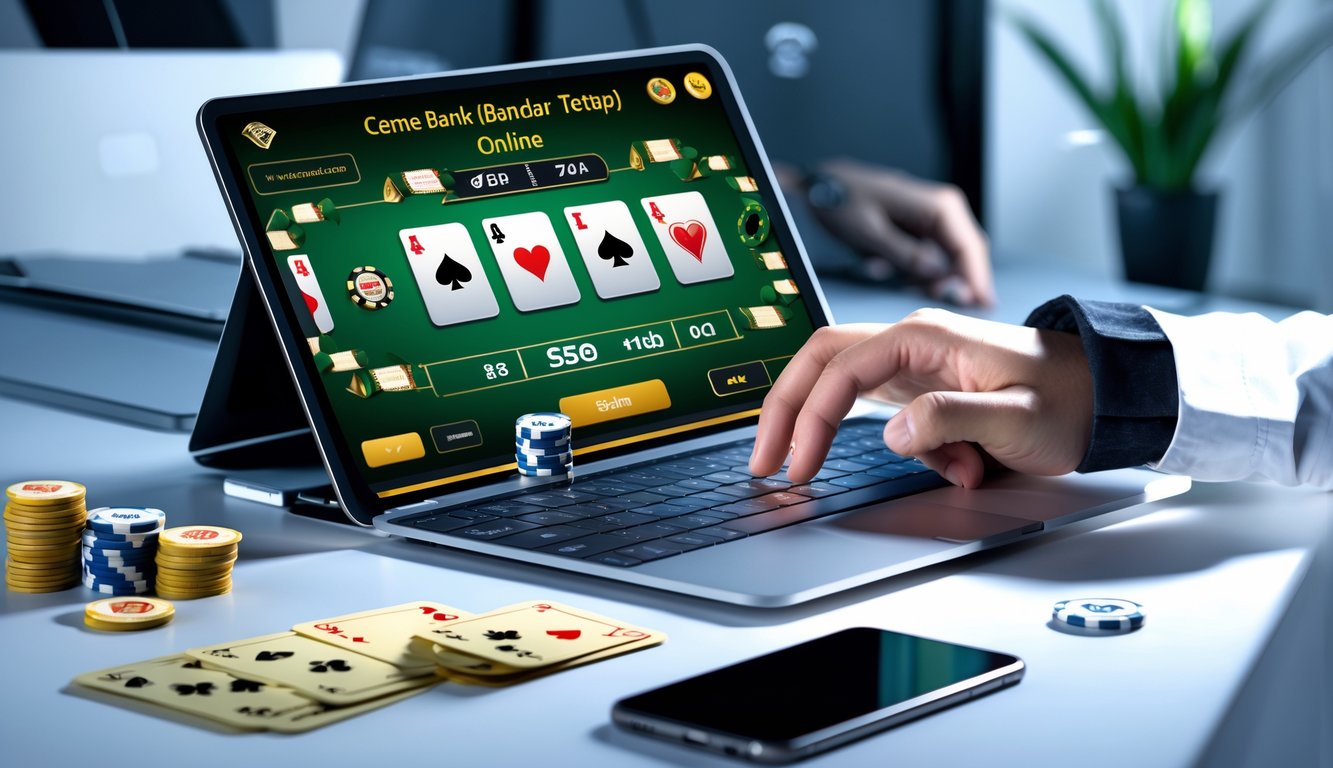 Seorang pengguna sedang bermain permainan kartu online di laptop dengan kartu dan chip di meja, menggambarkan aktivitas taruhan online.