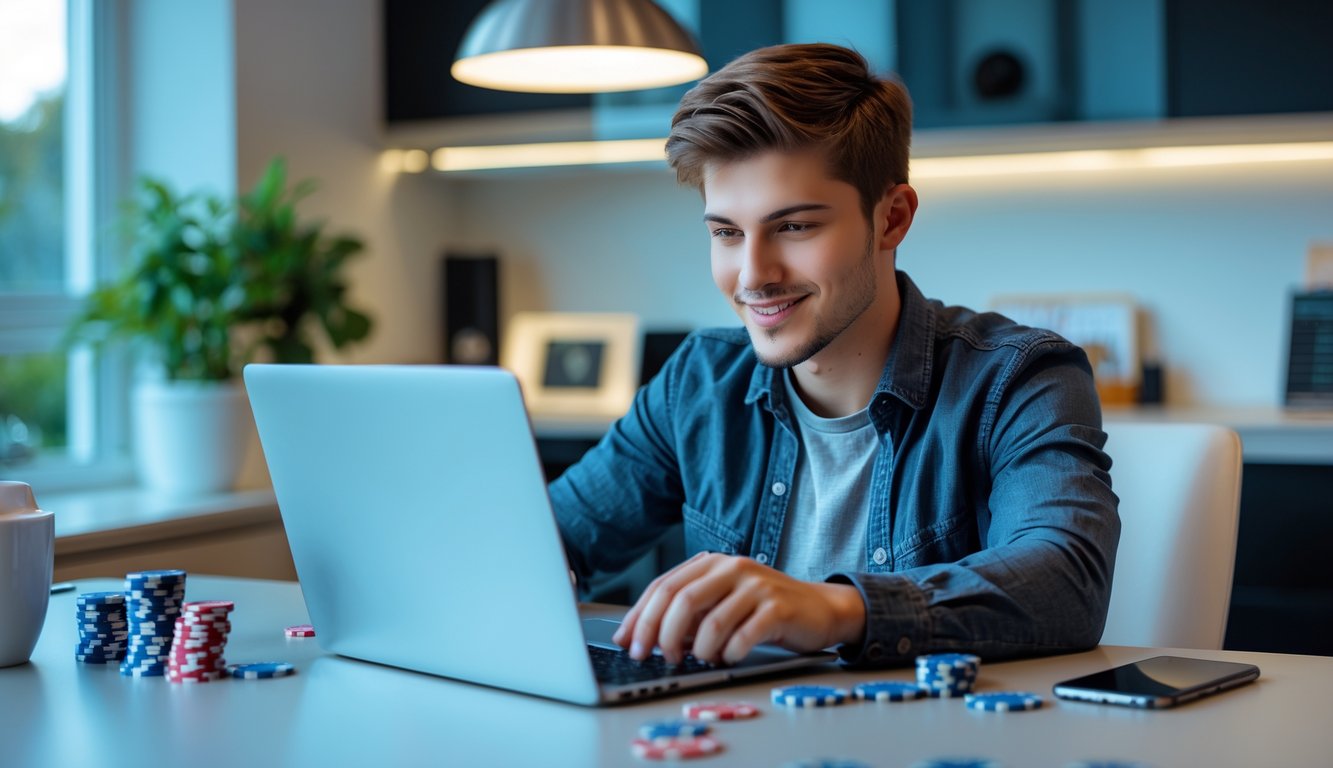 Seorang pria muda duduk di meja kerja modern, bermain permainan kartu online di laptop dengan ekspresi fokus dan percaya diri.