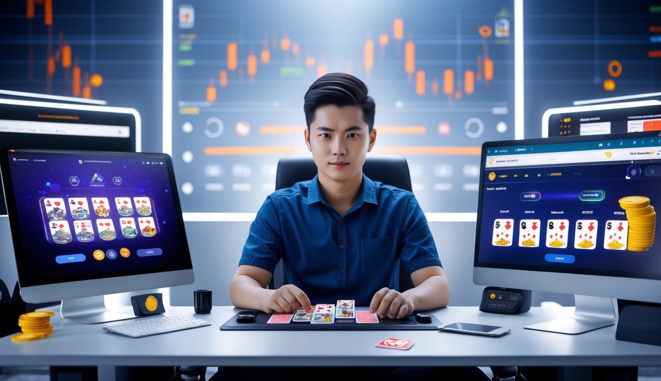 Seorang pria muda duduk di meja dengan laptop dan ponsel yang menampilkan permainan kartu online, tampak fokus dan percaya diri.