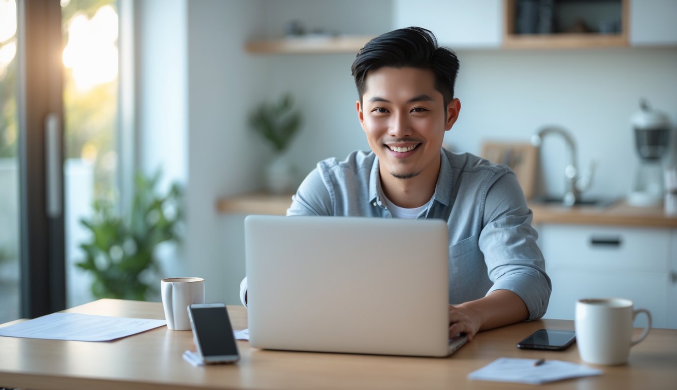 Seorang pria muda menggunakan laptop di ruang kerja rumah yang terang dan rapi, terlihat percaya diri dan fokus.