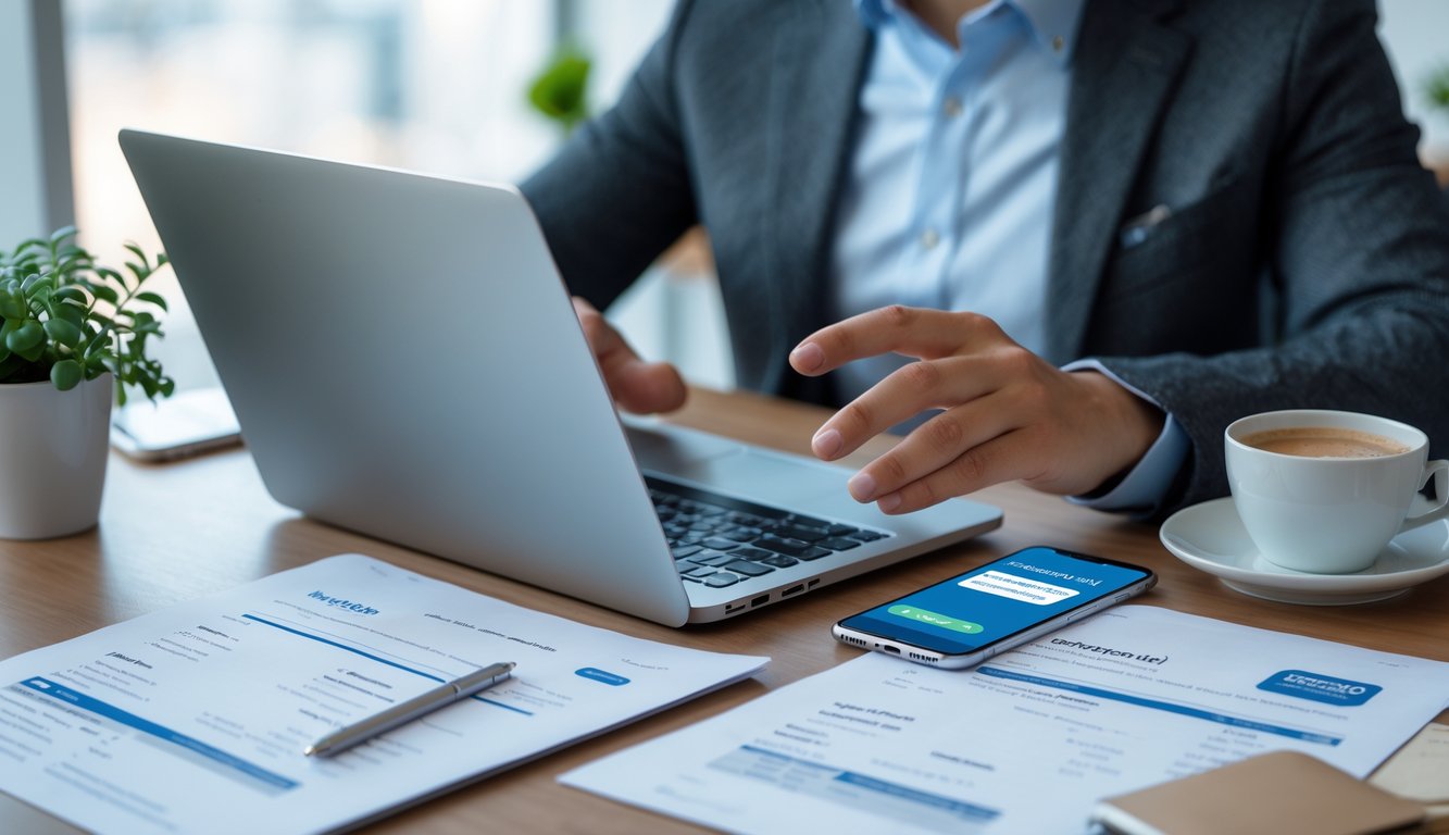 Seseorang menggunakan laptop dan ponsel di meja kerja dengan dokumen dan kopi, menunjukkan proses pendaftaran online yang cepat dan aman.