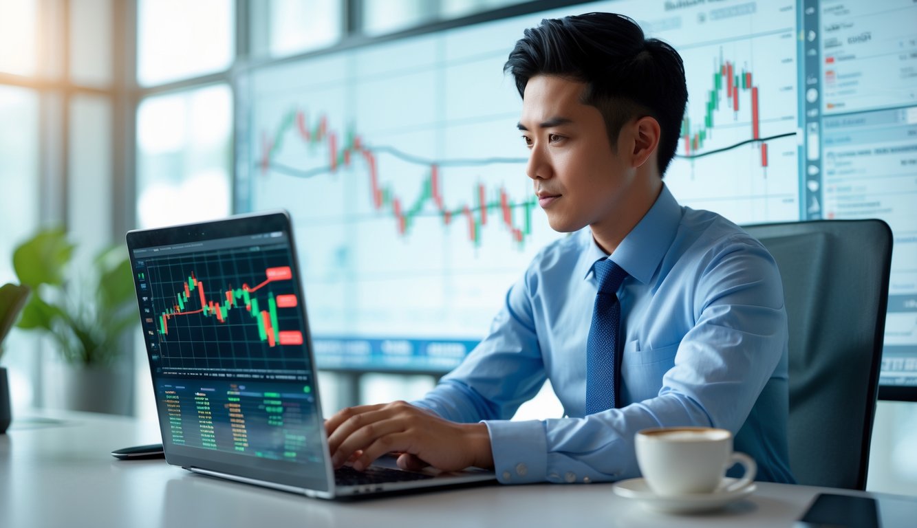 Seorang pria muda sedang bekerja dengan laptop di kantor modern, menampilkan grafik keuangan di layar.