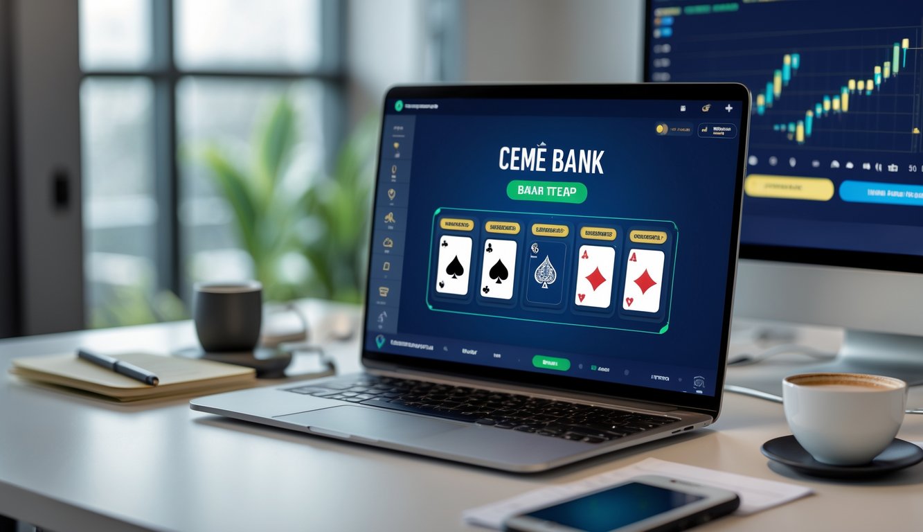 Seorang pria menggunakan komputer di meja kerja yang rapi dengan tampilan permainan kartu online di layar.