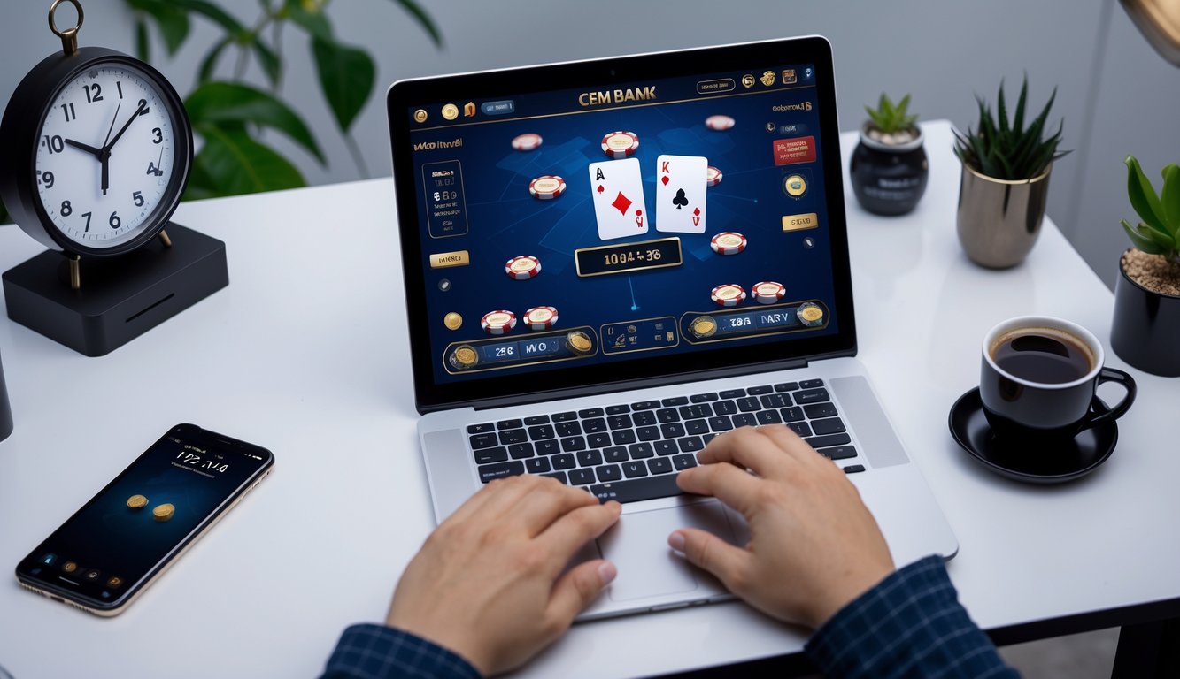 Seorang pria menggunakan laptop dengan permainan kartu digital di layar, di meja terdapat kopi dan ponsel, menunjukkan aktivitas permainan online sepanjang waktu.