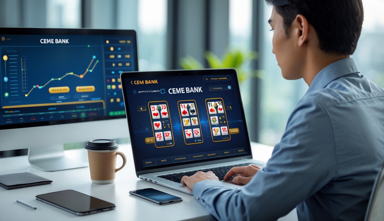 Seseorang menggunakan laptop di meja kerja yang rapi dengan tampilan permainan kartu digital di layar, menunjukkan aktivitas bermain Ceme Bank secara online.