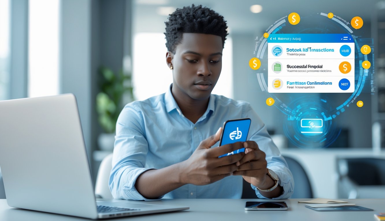 Seorang dewasa muda menggunakan ponsel pintar di kantor modern dengan tampilan aplikasi perbankan yang menunjukkan transaksi berhasil dan penarikan cepat.