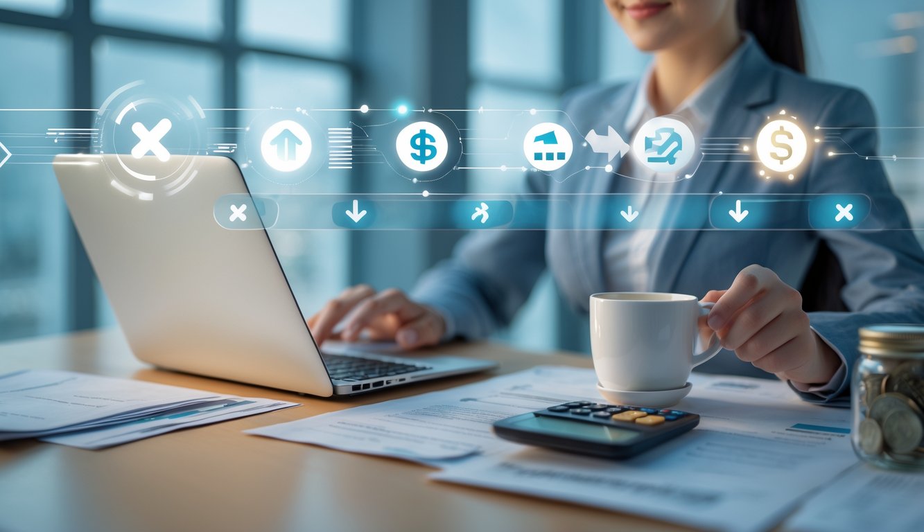 Seseorang menggunakan laptop di meja kerja dengan dokumen keuangan dan smartphone, menunjukkan aktivitas perbankan online yang cepat dan mudah.