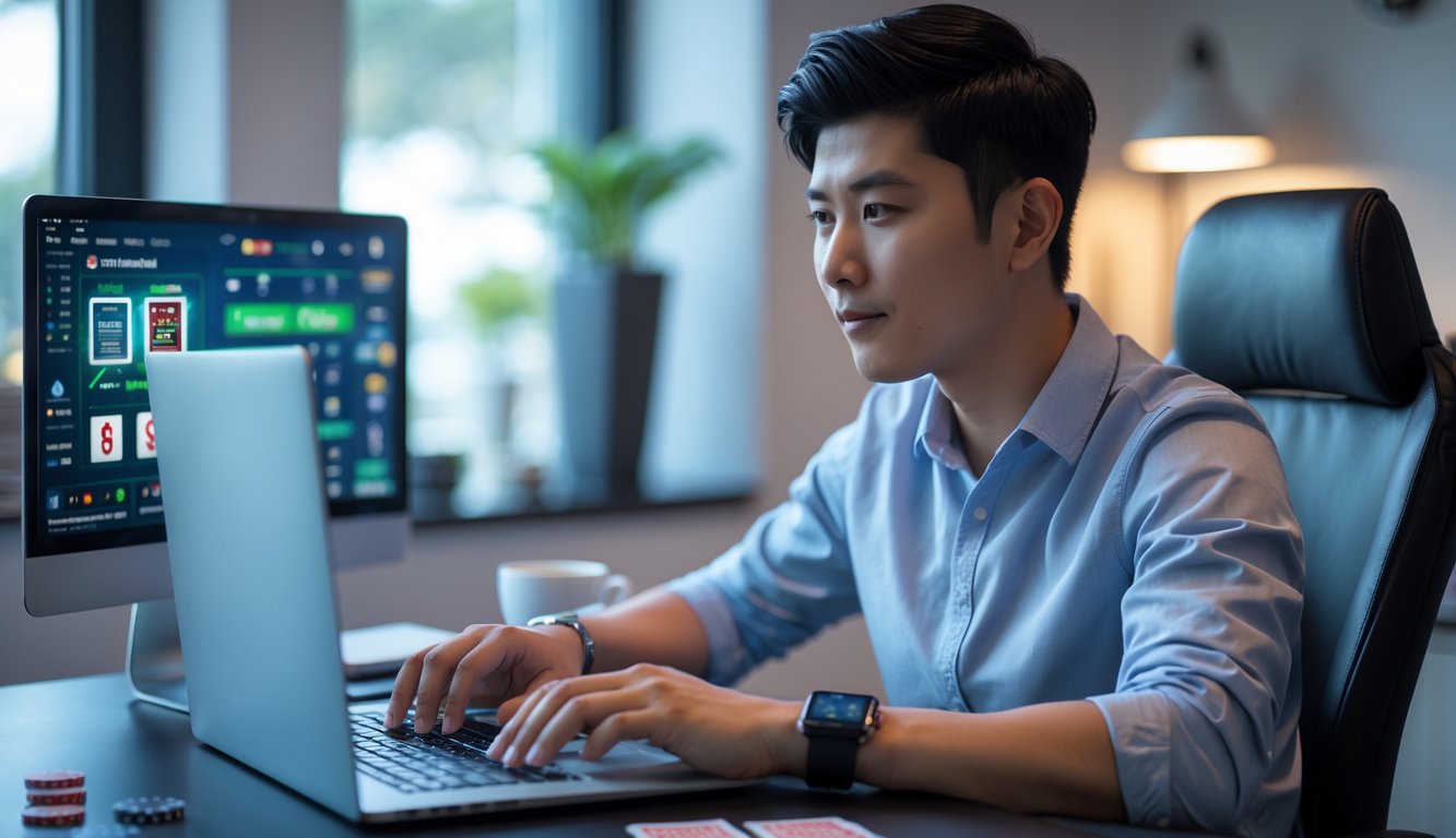 Seorang pria muda sedang duduk di meja dengan laptop, fokus bermain permainan kartu online di ruangan modern.