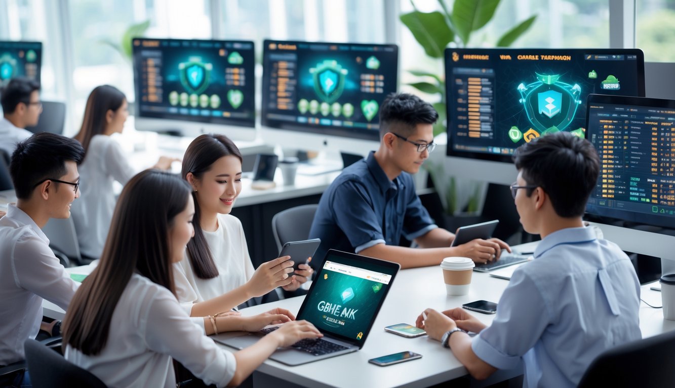 Sekelompok orang muda sedang bermain permainan kartu online di ruang kantor dengan beberapa layar komputer dan suasana kerja yang fokus.