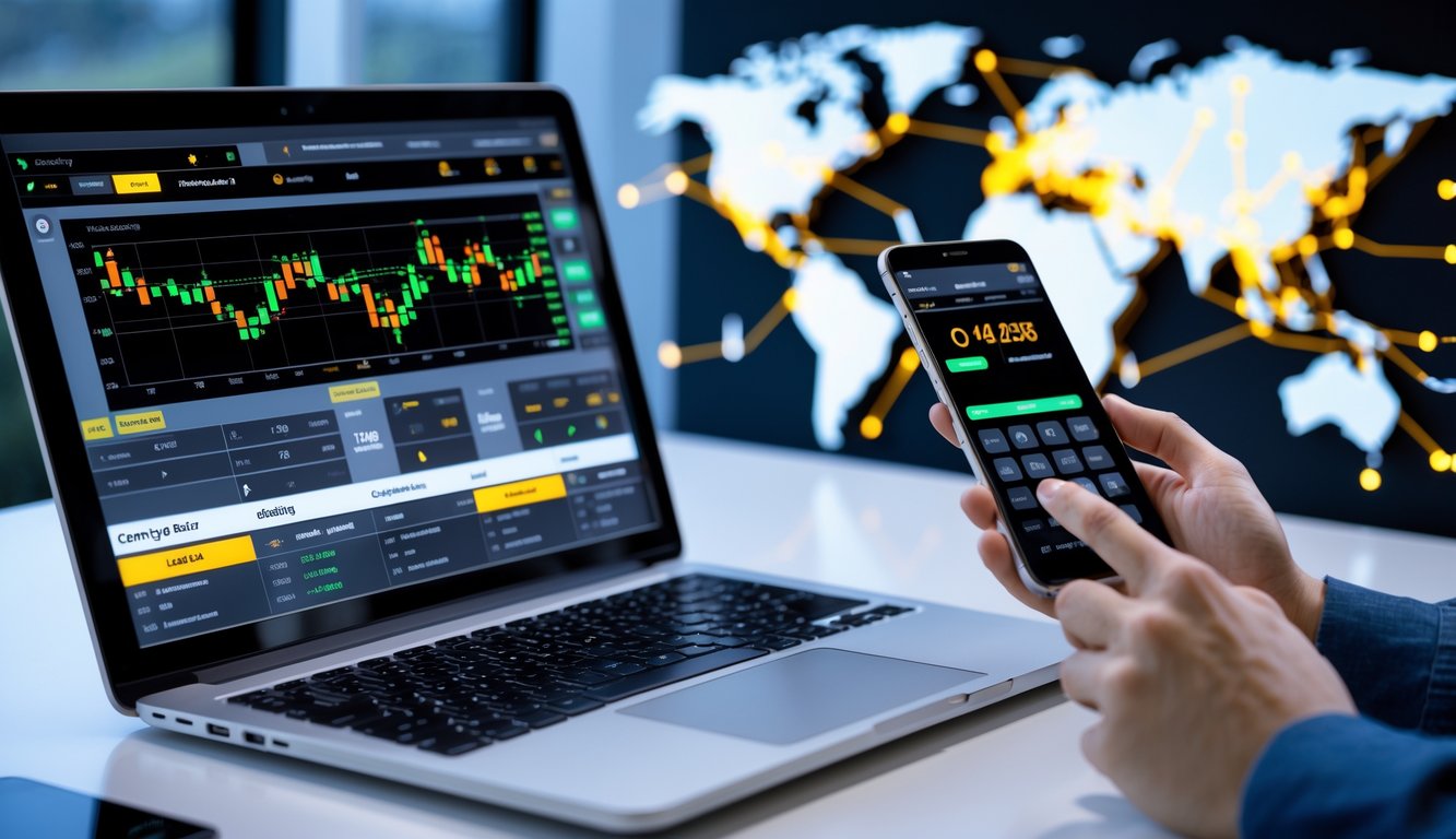 Seseorang menggunakan laptop dan ponsel untuk memasang taruhan balap kuda secara online dengan latar belakang peta dunia dan simbol mata uang.