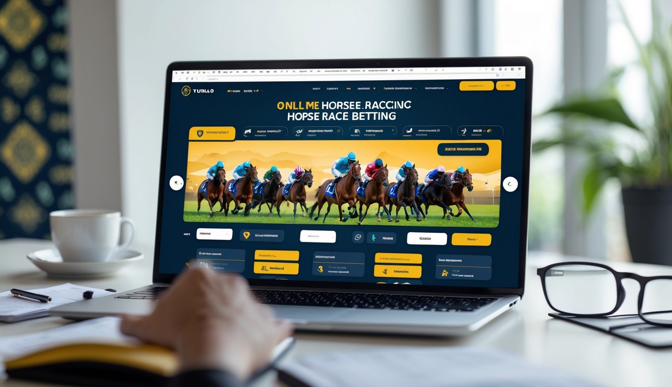 Seseorang menggunakan laptop atau ponsel untuk memasang taruhan balap kuda secara online dengan latar belakang yang menunjukkan elemen budaya Indonesia.