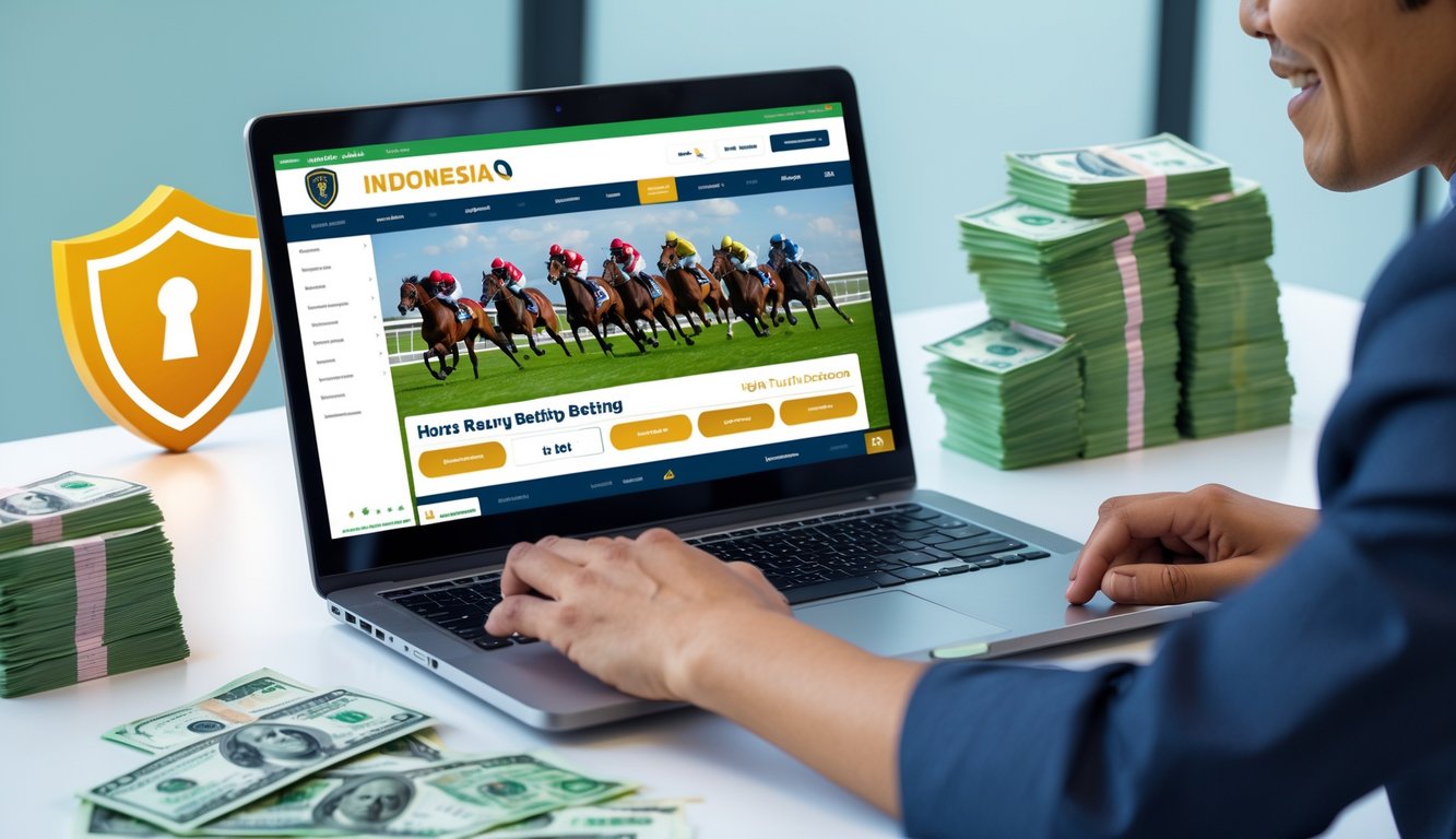 Seseorang menggunakan laptop dengan tampilan balap kuda online, menunjukkan suasana taruhan balap kuda yang terpercaya dan menguntungkan.