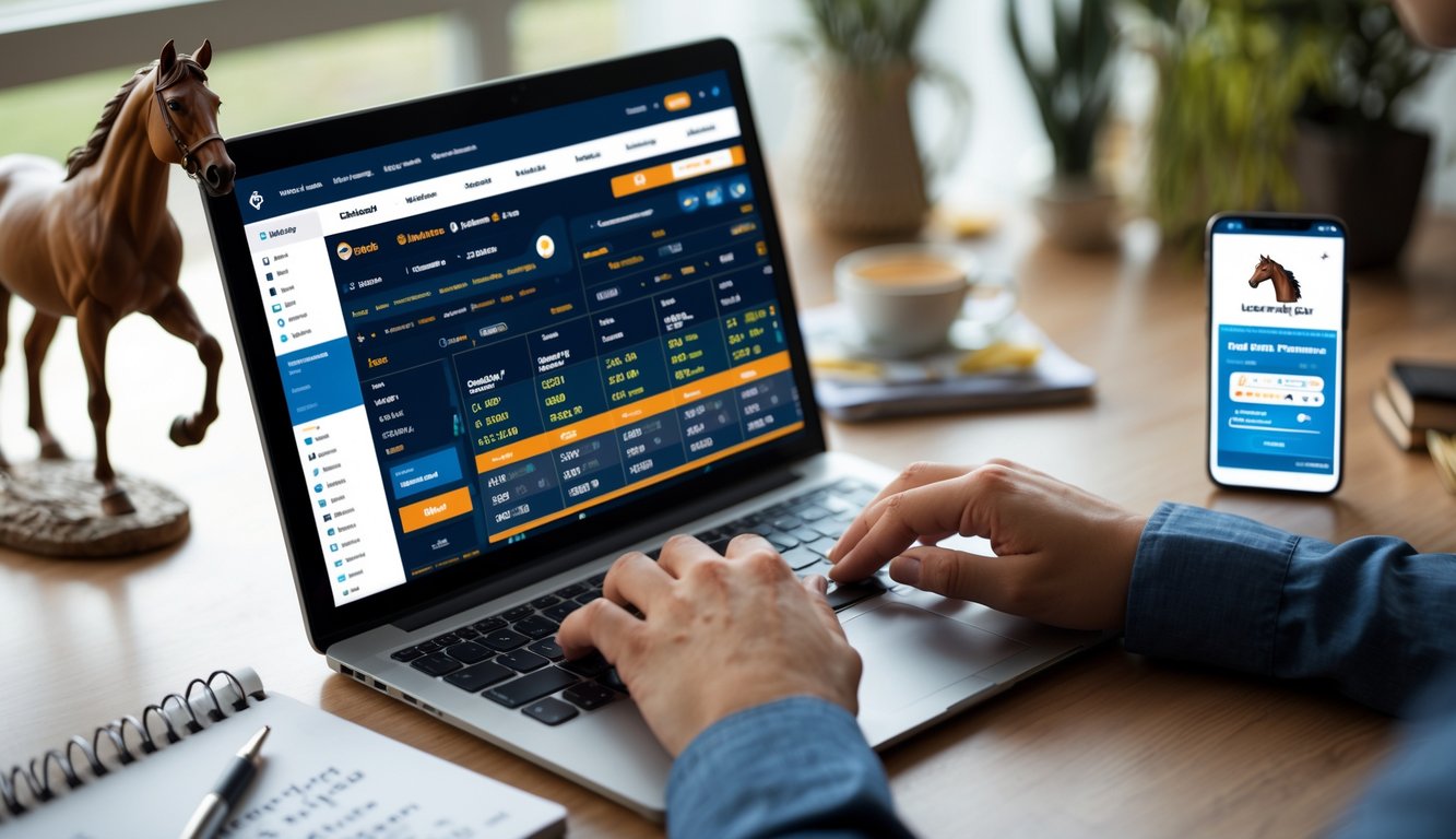Seseorang menggunakan laptop di meja kerja dengan model kuda dan ponsel di samping, menyiapkan taruhan balap kuda online.