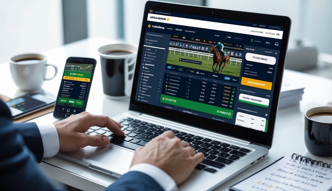 Seorang pengguna sedang menggunakan laptop dengan tampilan situs judi balap kuda online, dikelilingi oleh smartphone dan alat tulis di meja kerja.