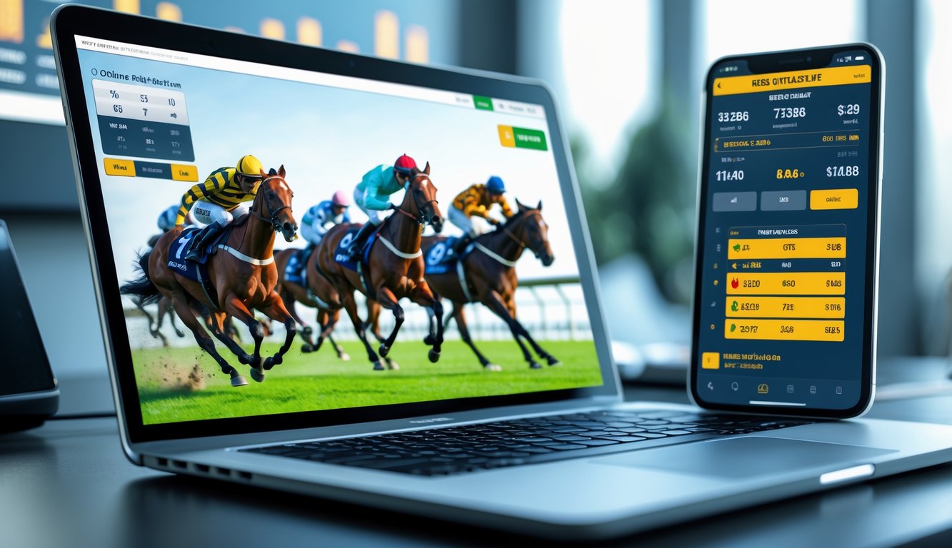 Seorang pengguna sedang melihat siaran langsung balap kuda di laptop dan memeriksa peluang taruhan tinggi di ponsel di meja kerja.