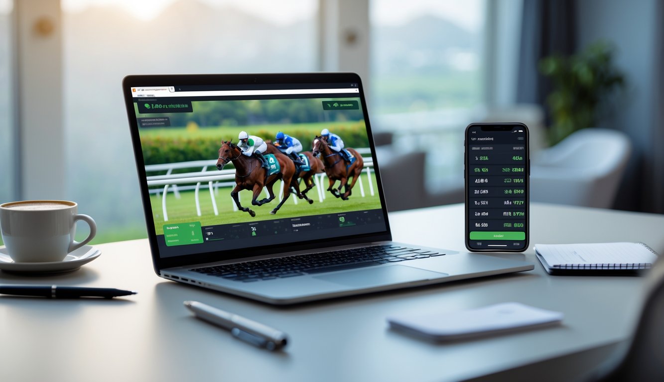 Seorang pria menggunakan laptop dan smartphone untuk memasang taruhan balap kuda online dengan layar menampilkan balapan kuda secara langsung dan angka odds taruhan.