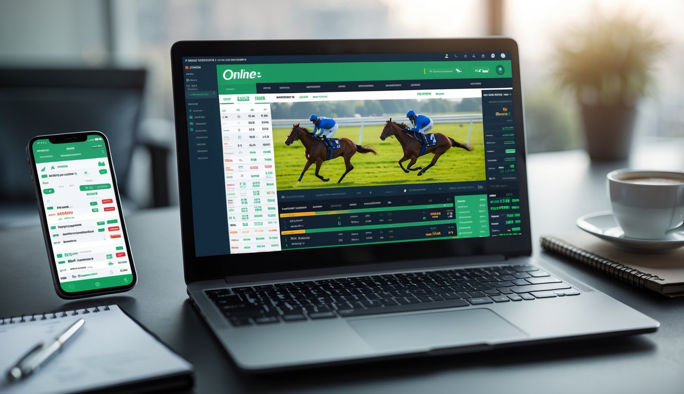Meja kerja dengan laptop yang menampilkan situs judi balap kuda online, smartphone, kopi, dan alat tulis di sekitarnya.