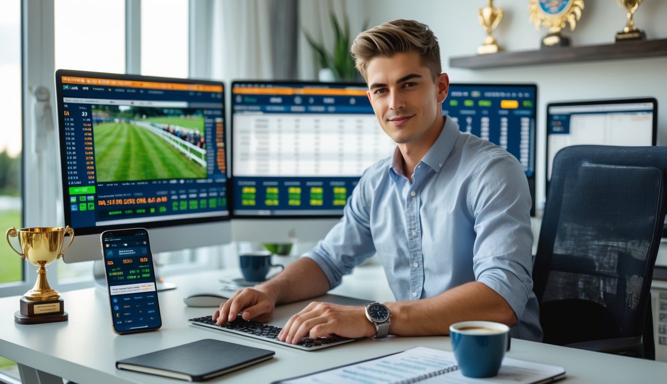 Seorang pria muda duduk di meja dengan beberapa layar komputer menampilkan data dan siaran balap kuda, terlihat fokus dan percaya diri di ruangan kantor rumah yang terang.