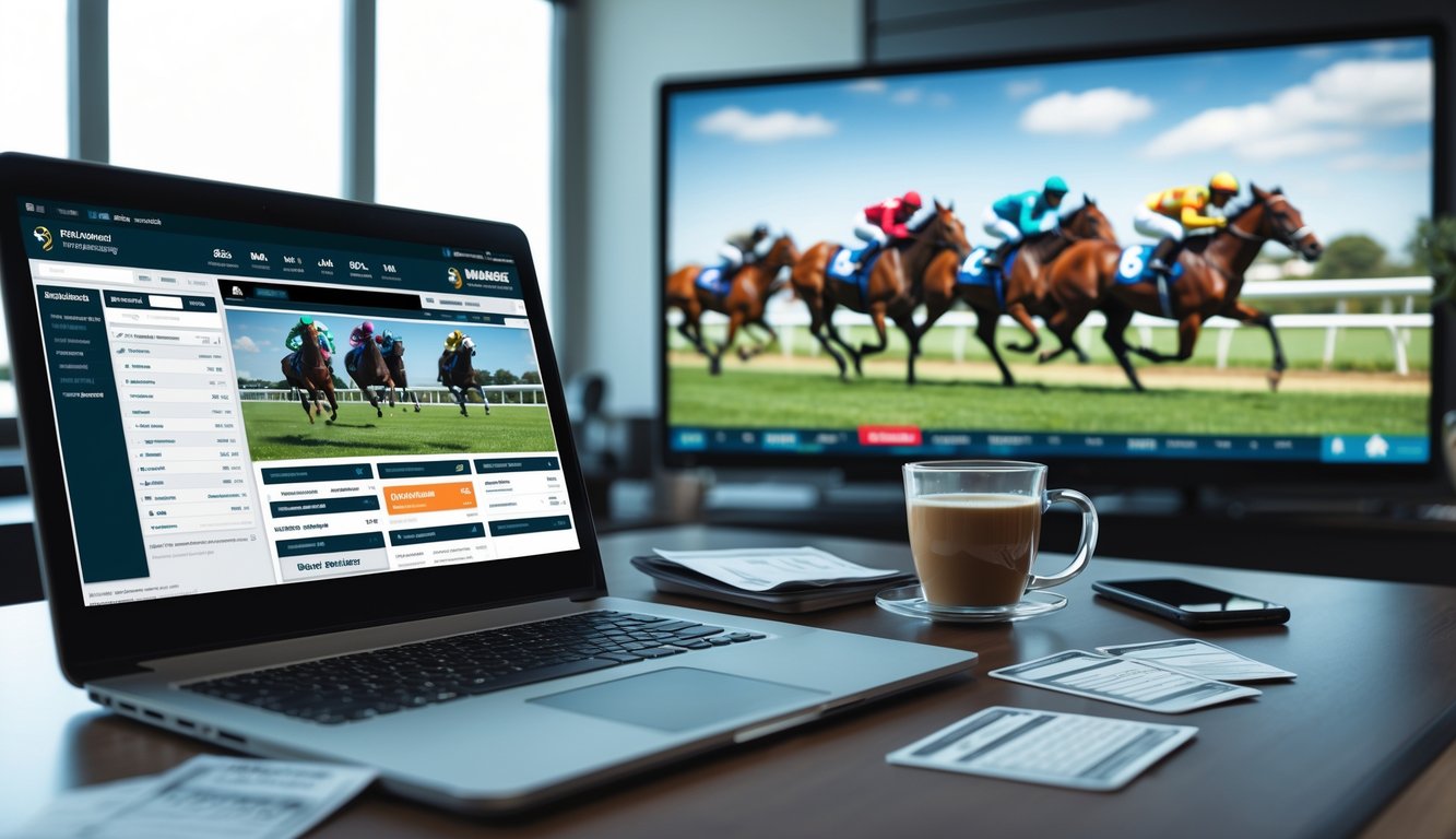 Sebuah meja kerja dengan laptop yang menampilkan situs taruhan balap kuda online, layar besar menunjukkan balapan kuda yang sedang berlangsung, dan beberapa alat taruhan di sekitar meja.