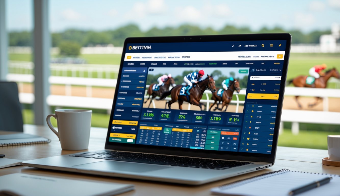 Seseorang menggunakan laptop dengan tampilan sistem taruhan balap kuda online, latar belakang terdapat lintasan balap kuda dengan kuda dan joki yang sedang berlomba.