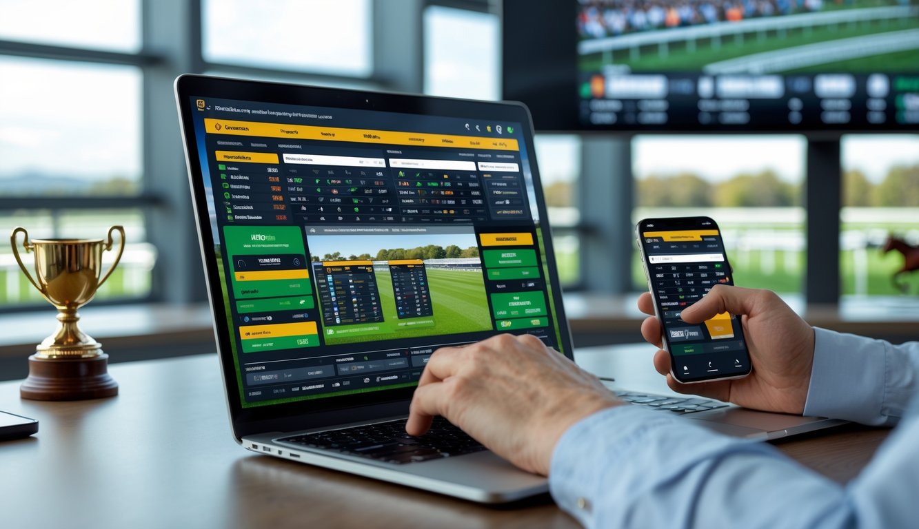 Seorang pengguna berinteraksi dengan laptop dan ponsel yang menampilkan aplikasi taruhan balap kuda online di meja kerja modern.