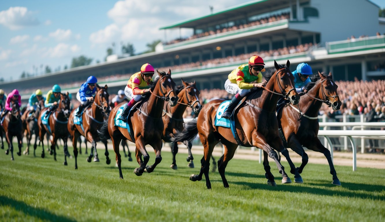 Adegan balap kuda dengan beberapa kuda dan joki yang sedang berlari cepat di lintasan balap, dikelilingi oleh penonton yang antusias.